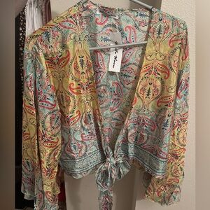 Colorful Paisley Tie-Front Blouse